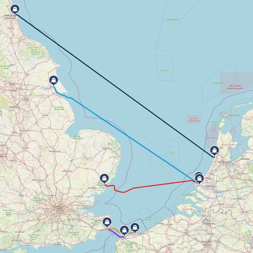 Routenkarte der Fähren nach England