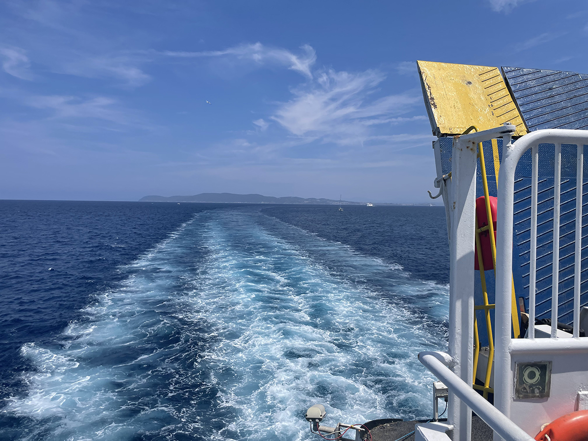 Blick vom Achterdeck der Fähre auf das Kielwasser und Land am Horizont