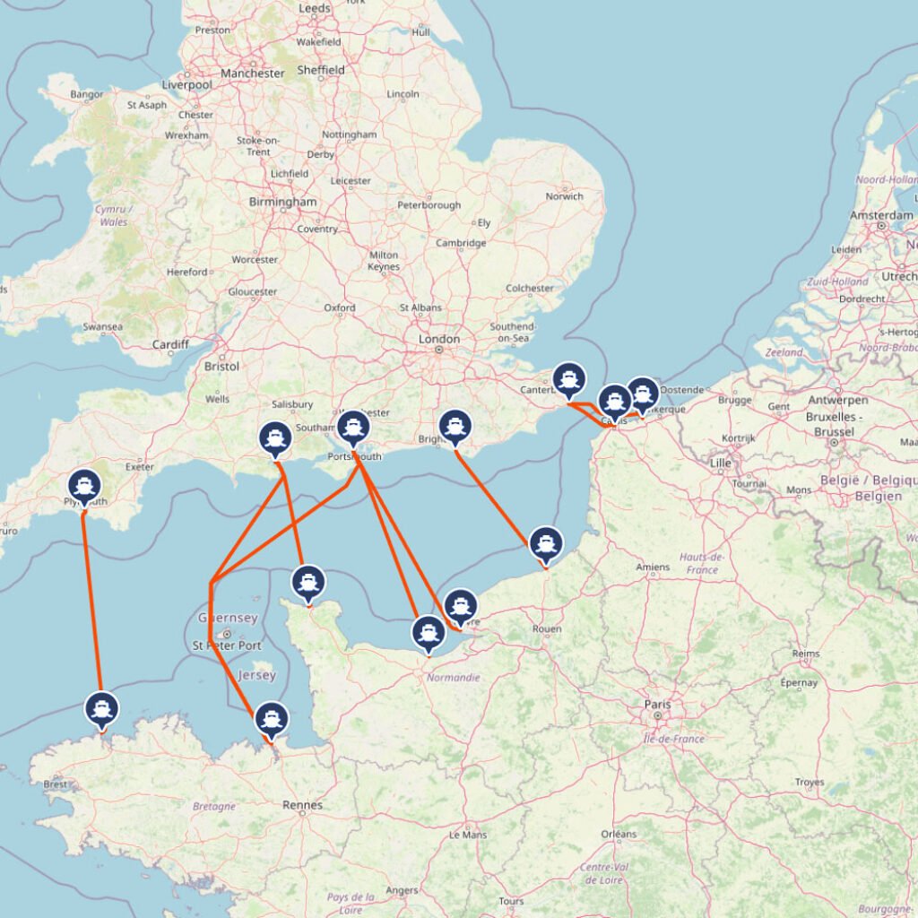 Karte der Fährverbindungen von Frankreich nach England
