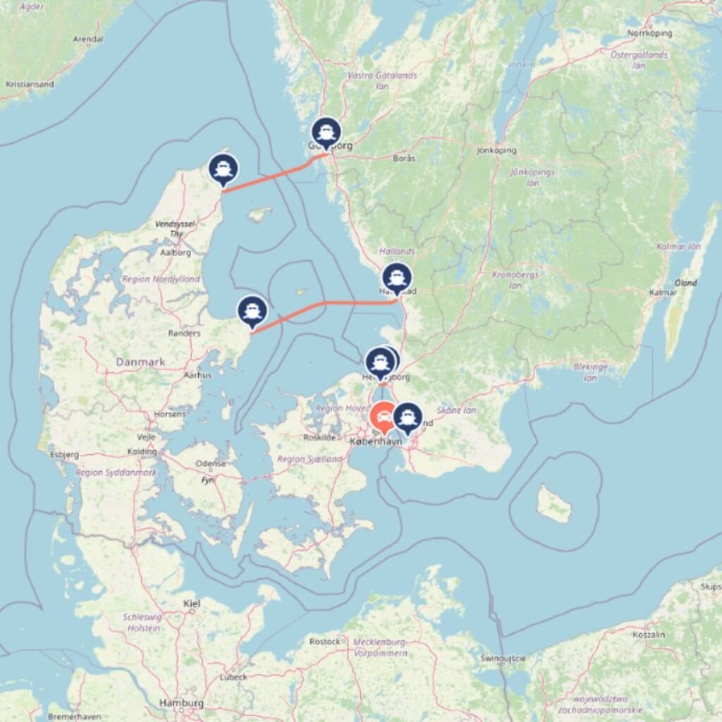 Karte mit fähre von dänemark nach schweden