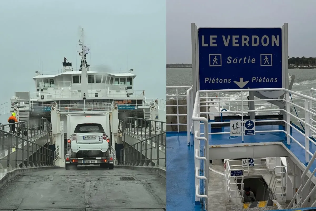 Zwei Fotos nebeneinander: links fährt ein kleines weißes Auto im Regen über die Rampe auf die Fähre, rechts ein blaues Schild Le Verdon Sortie Piétons über einer Treppe an Deck