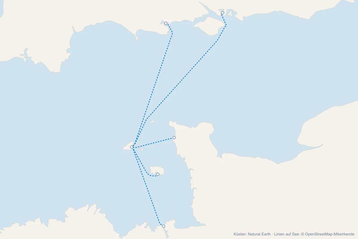 Karte mit allen Fähren nach Guernsey