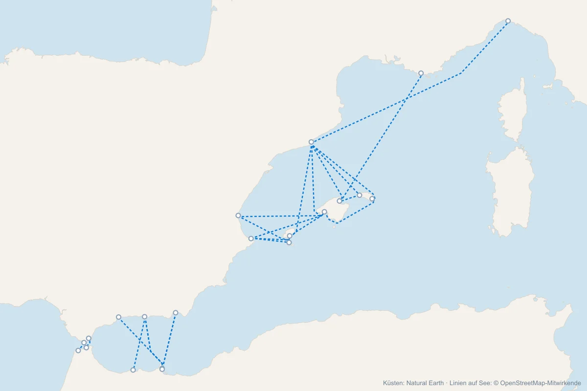 Karte mit allen Fähren von und nach Spanien
