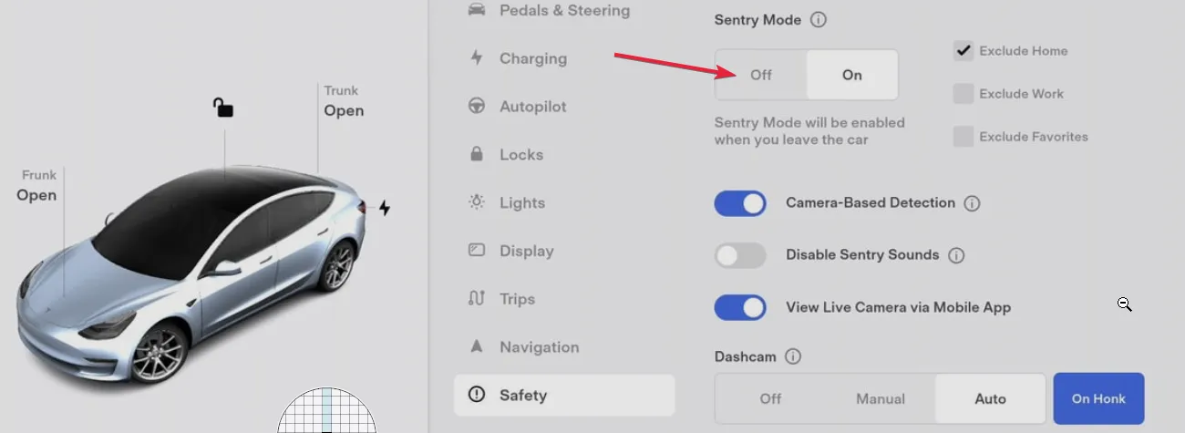 Der Einstellungsbildschirm eines Tesla mit geöffnetem Menü Safety, dem Schalter Sentry Mode auf Off und einem roten Pfeil, der darauf zeigt